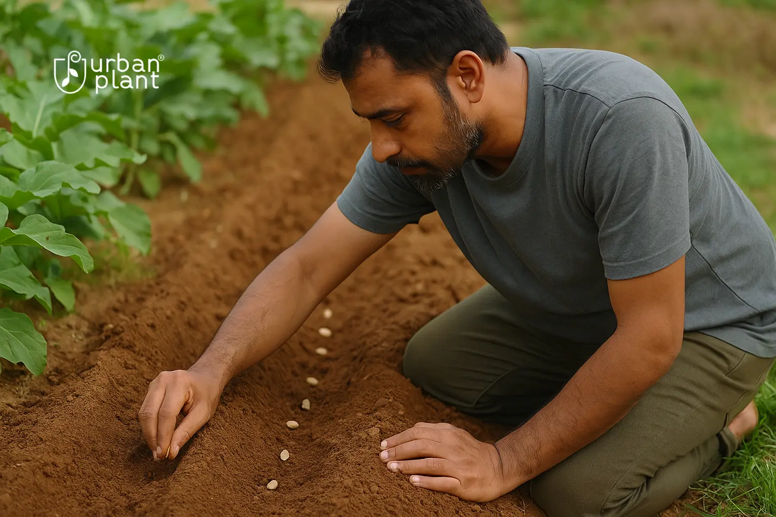 Indian gardener sowing seeds carefully in garden soil, showing correct seed depth and spacing to avoid planting errors and ensure healthy germination | Urban Plant